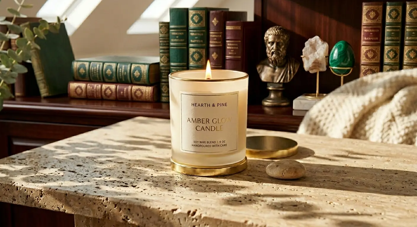 A lit "Amber Glow" candle by Hearth & Pine sits on a textured stone table, surrounded by classic books, a bust, and decorative stones, creating a cozy and elegant atmosphere.